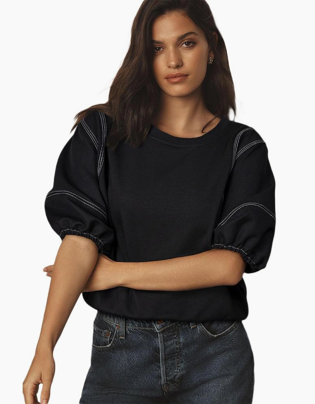 Black Contrast Stitches Detail Puffy Half Sleeve Blouse