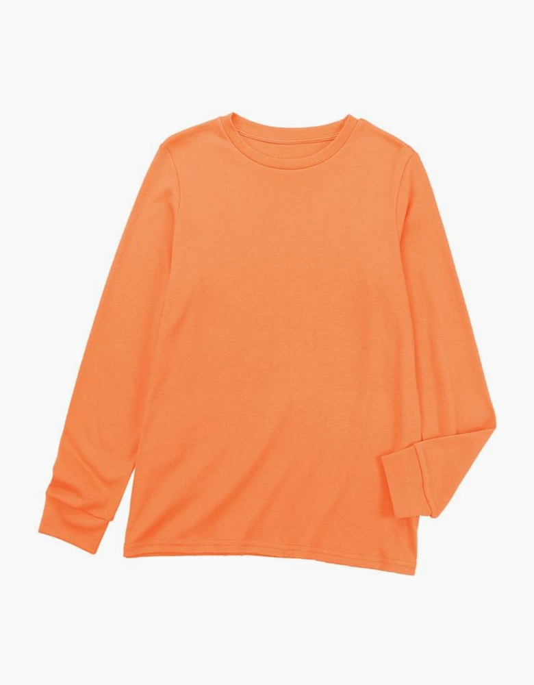 Orange Plain Crew Neck Long Sleeve Top