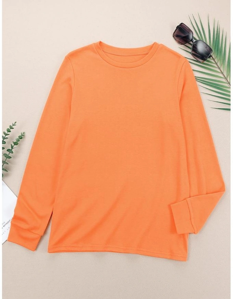 Orange Plain Crew Neck Long Sleeve Top