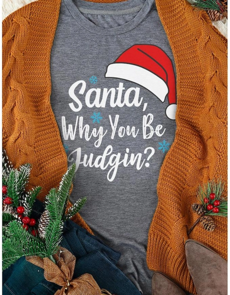Gray Christmas Santa Hat Snowflake Slogan Graphic Tee