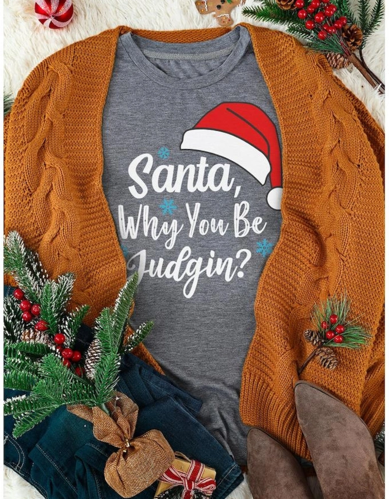 Gray Christmas Santa Hat Snowflake Slogan Graphic Tee