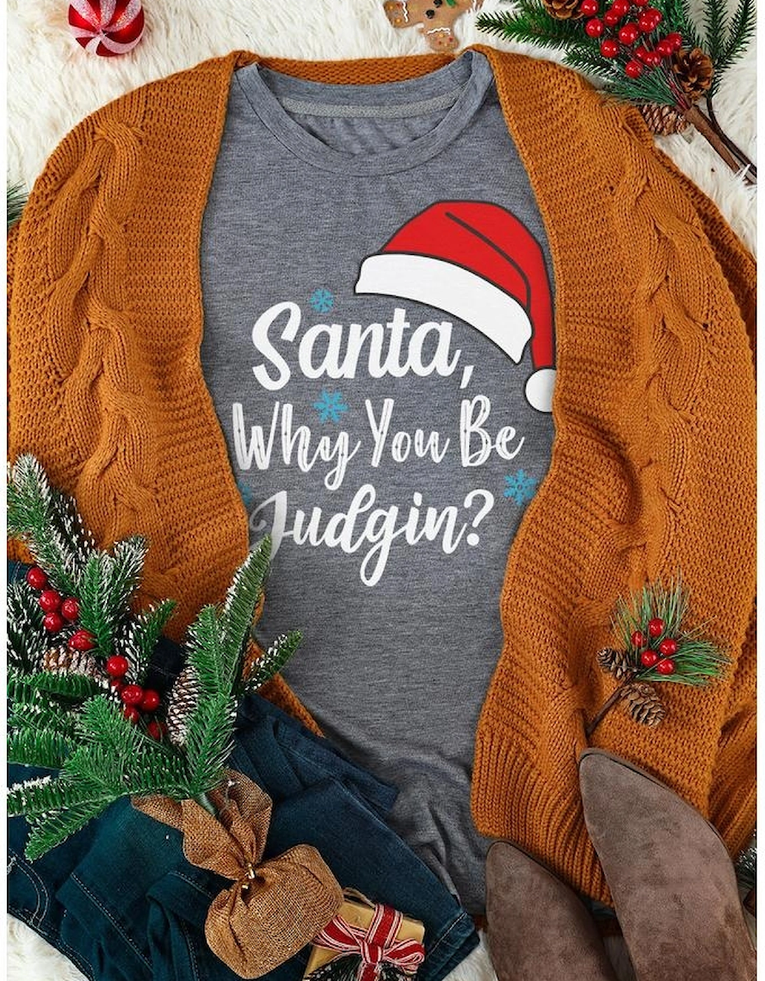 Gray Christmas Santa Hat Snowflake Slogan Graphic Tee