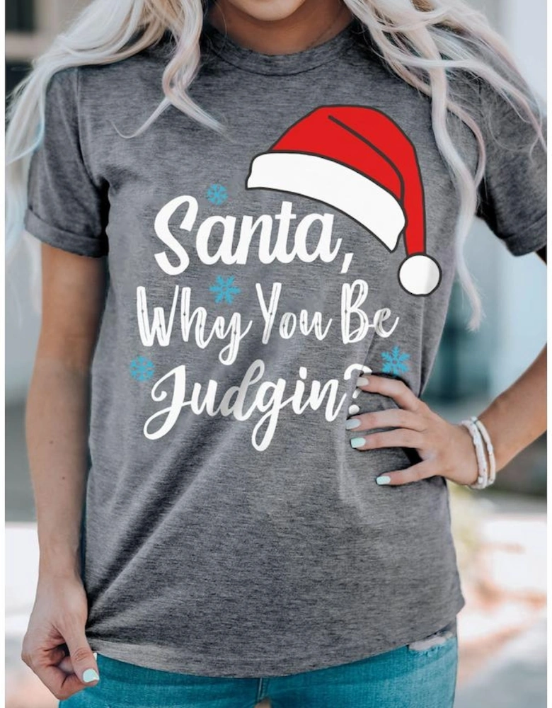 Gray Christmas Santa Hat Snowflake Slogan Graphic Tee