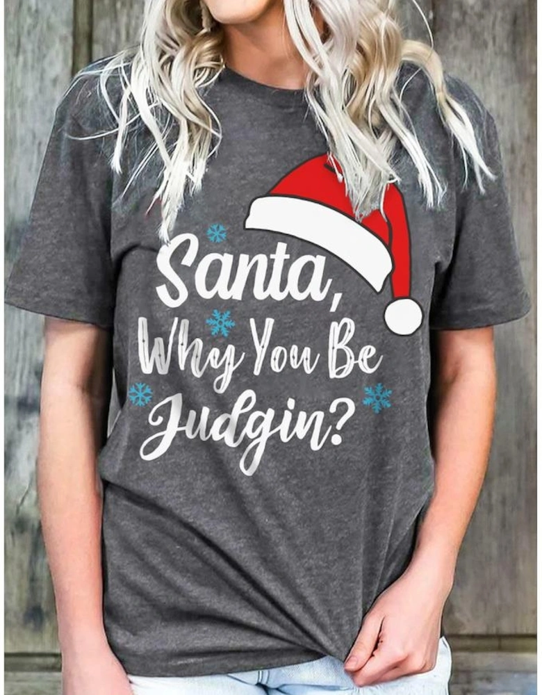 Gray Christmas Santa Hat Snowflake Slogan Graphic Tee
