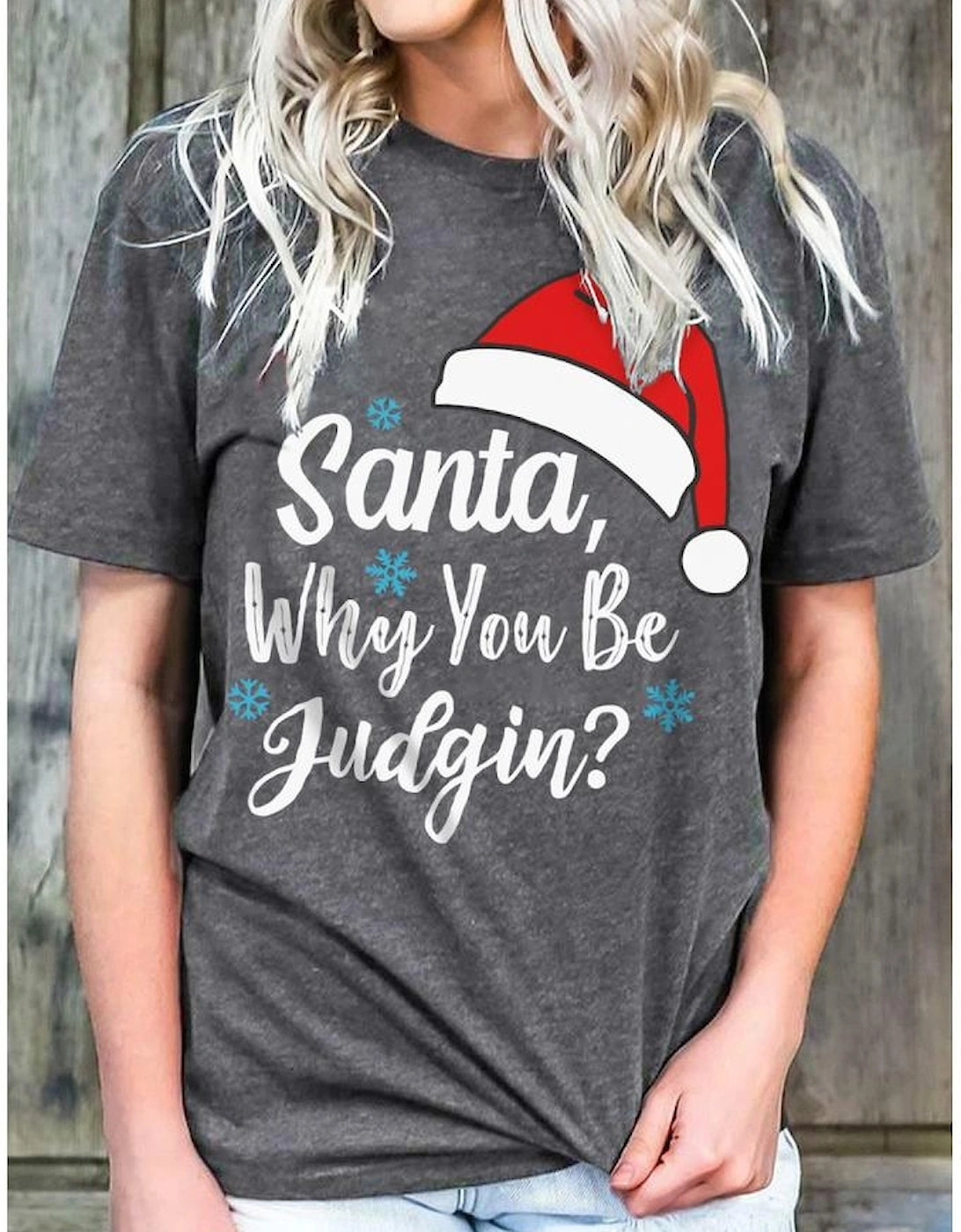 Gray Christmas Santa Hat Snowflake Slogan Graphic Tee