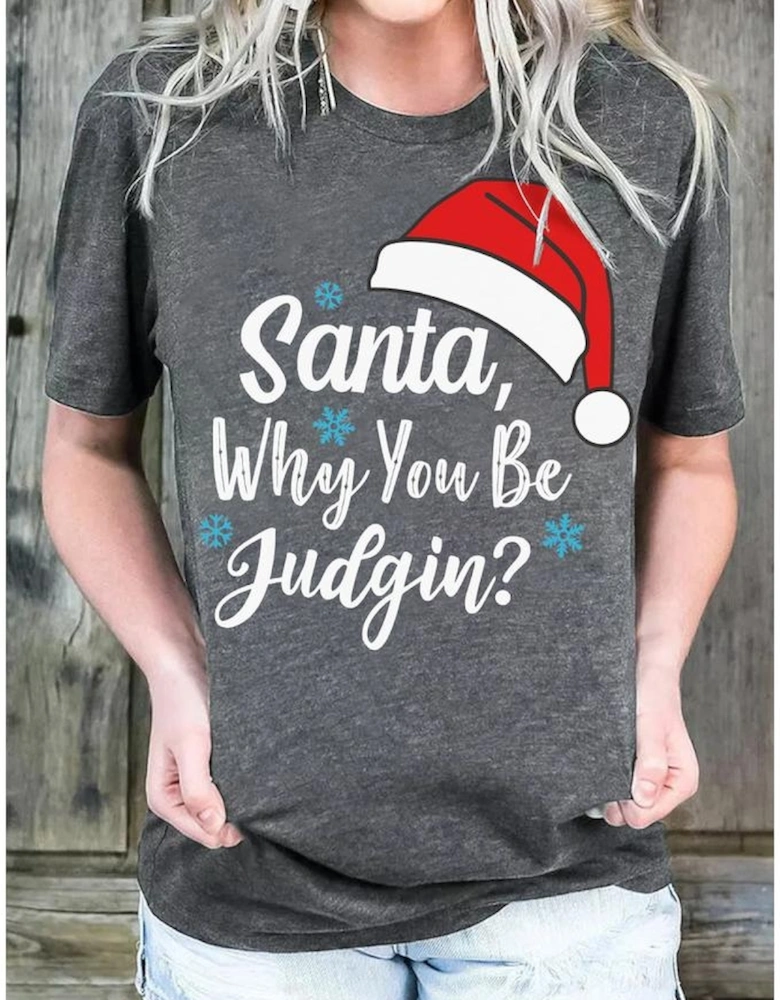 Gray Christmas Santa Hat Snowflake Slogan Graphic Tee