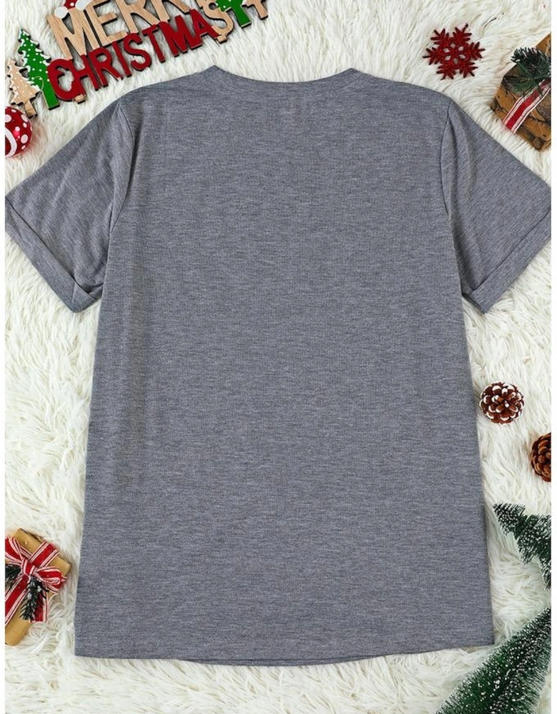 Gray Christmas Santa Hat Snowflake Slogan Graphic Tee