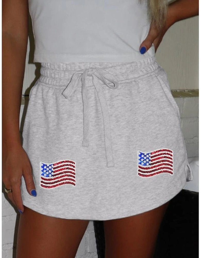 Light Grey American Flag Patched Lace-up High Waist Skort