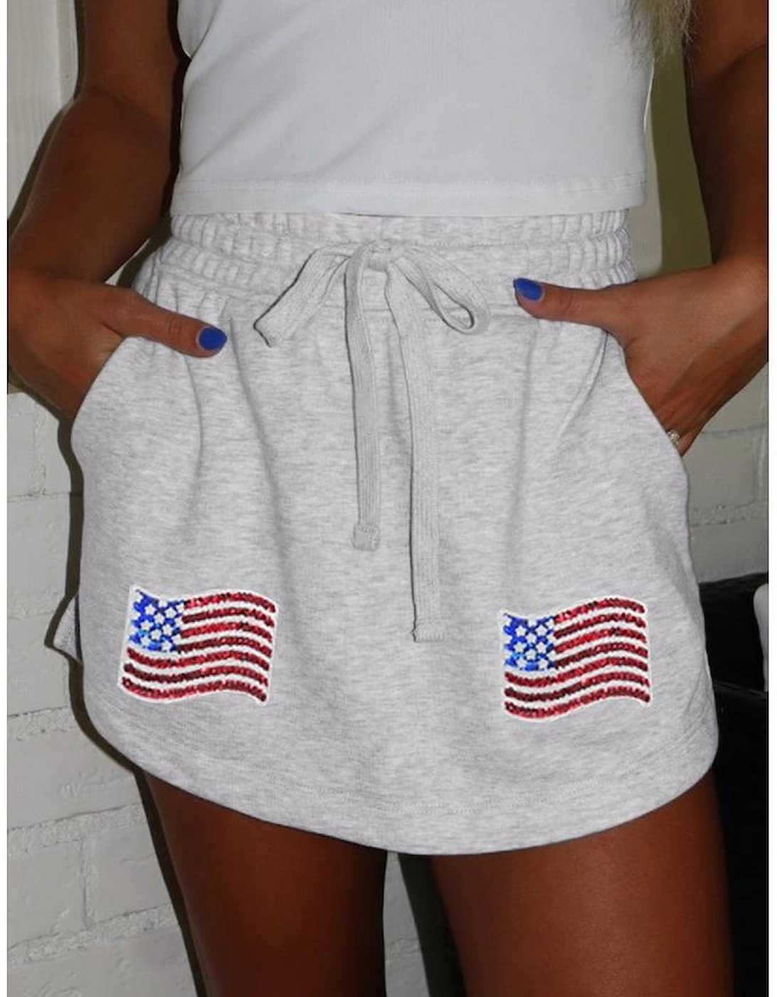 Light Grey American Flag Patched Lace-up High Waist Skort