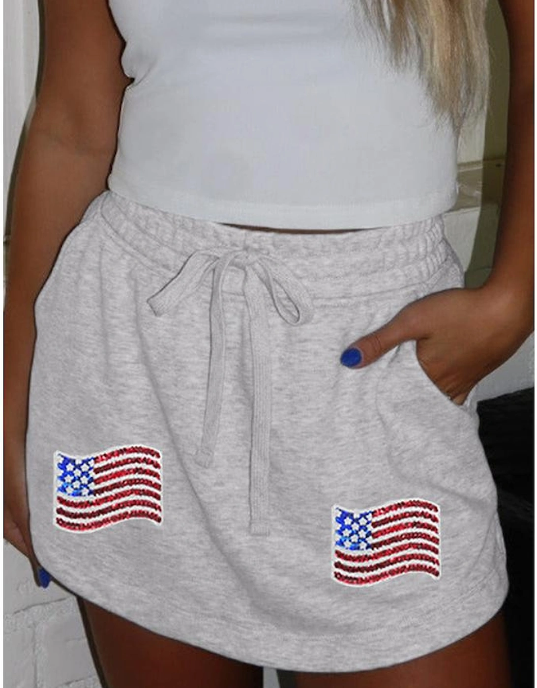 Light Grey American Flag Patched Lace-up High Waist Skort, 7 of 6
