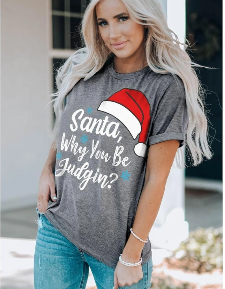 Gray Christmas Santa Hat Snowflake Slogan Graphic Tee