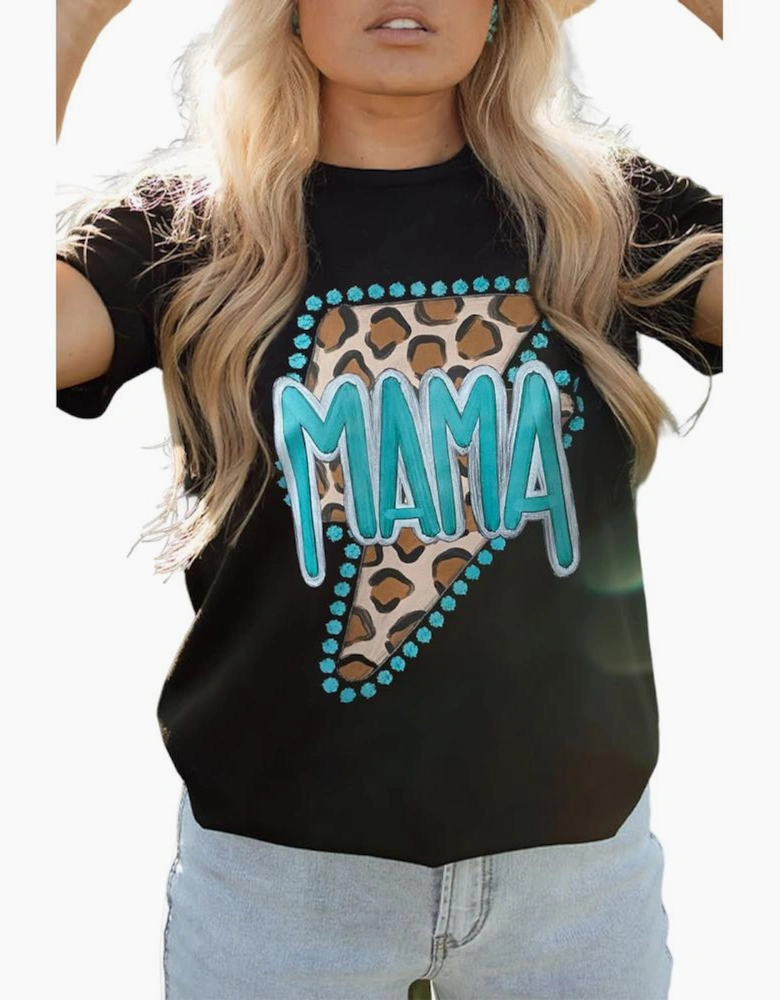 Black Western MAMA Leopard Lightning Graphic Tee