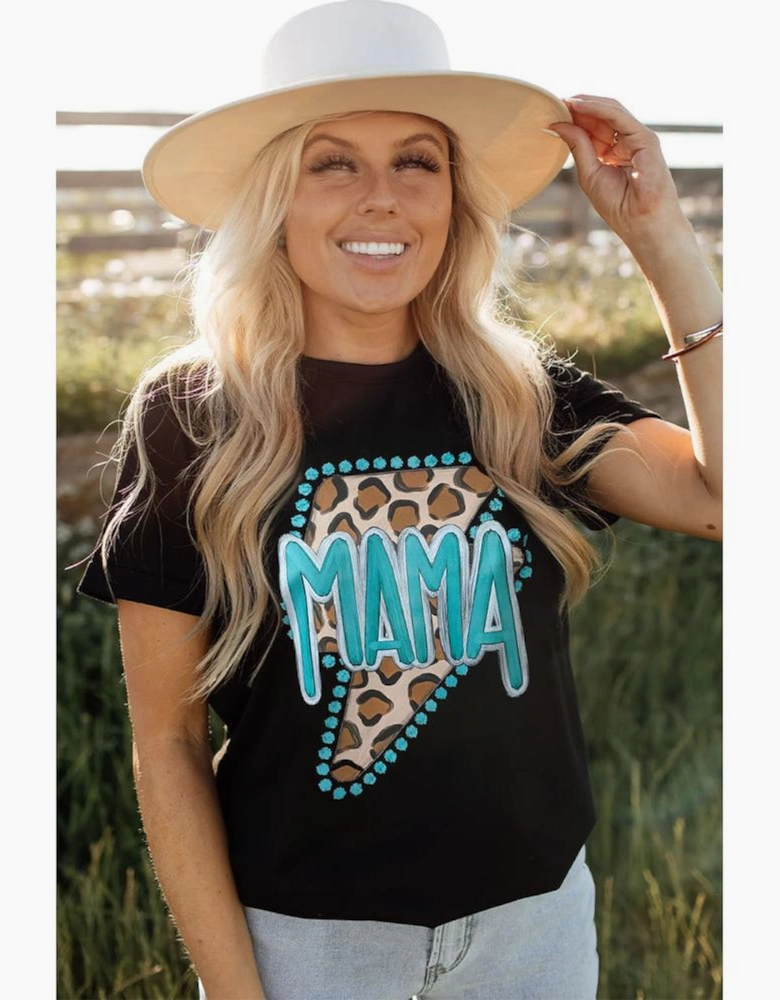 Black Western MAMA Leopard Lightning Graphic Tee