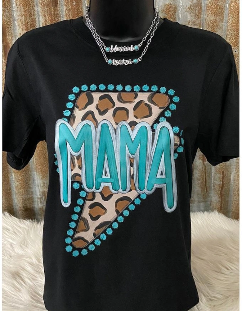 Black Western MAMA Leopard Lightning Graphic Tee