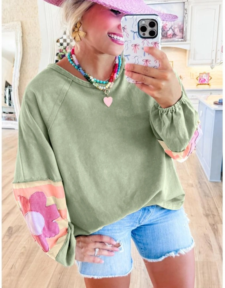 Smoke Green Flower Patchwork Raglan Sleeve Exposed Seam Oversized Top