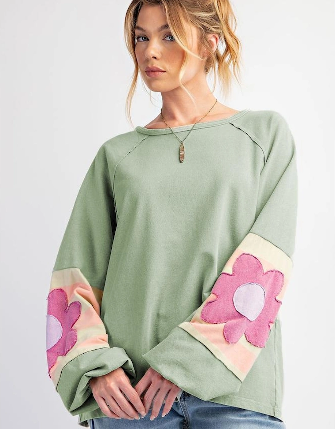 Smoke Green Flower Patchwork Raglan Sleeve Exposed Seam Oversized Top
