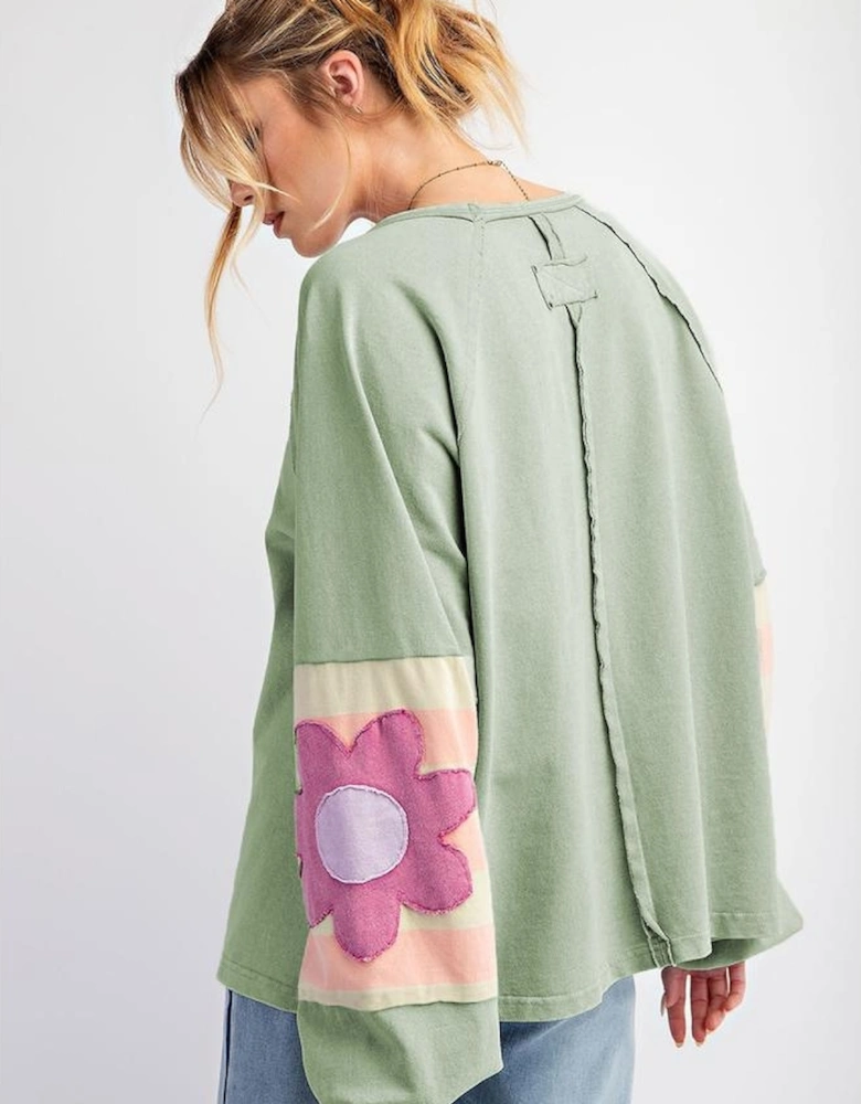 Smoke Green Flower Patchwork Raglan Sleeve Exposed Seam Oversized Top
