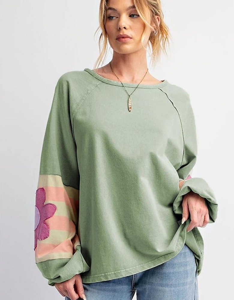 Smoke Green Flower Patchwork Raglan Sleeve Exposed Seam Oversized Top