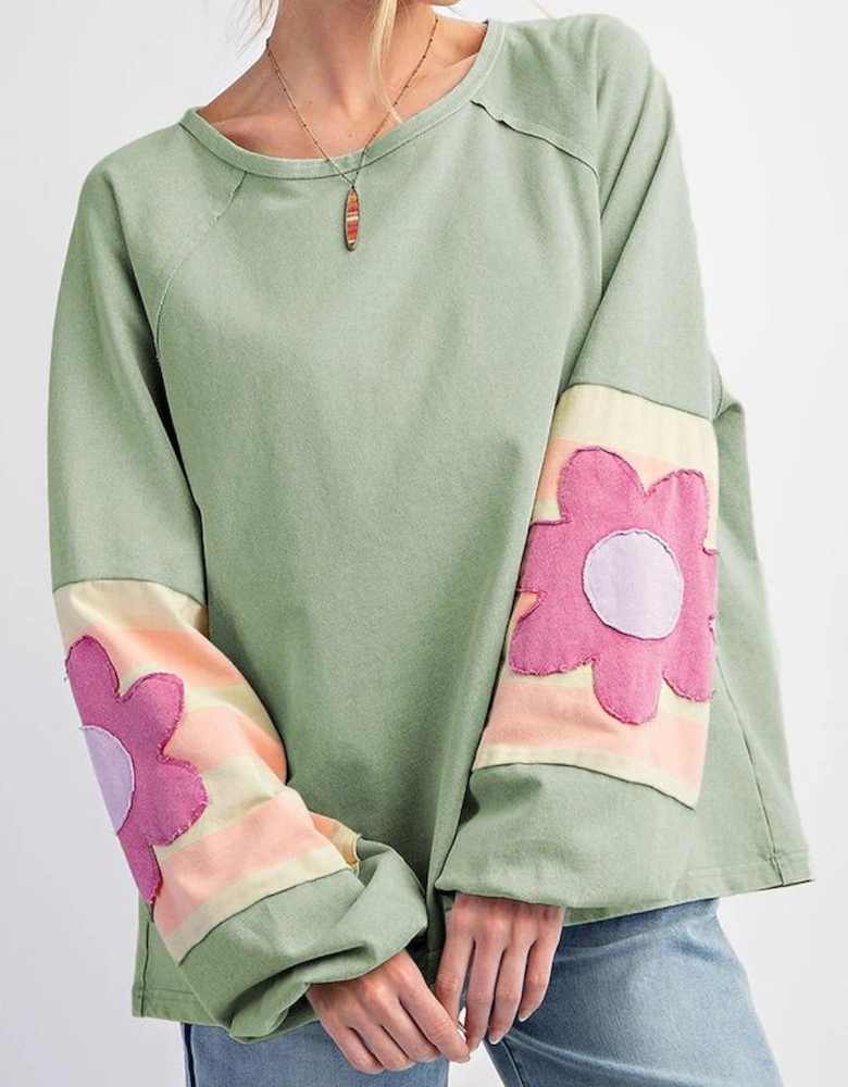 Smoke Green Flower Patchwork Raglan Sleeve Exposed Seam Oversized Top