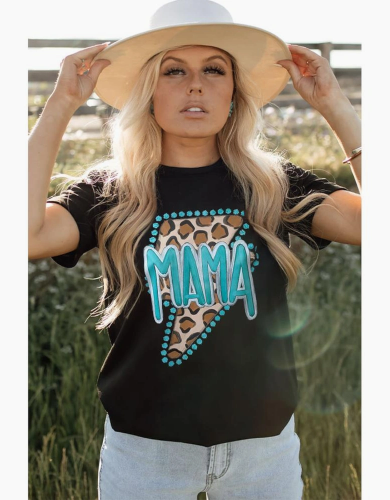 Black Western MAMA Leopard Lightning Graphic Tee