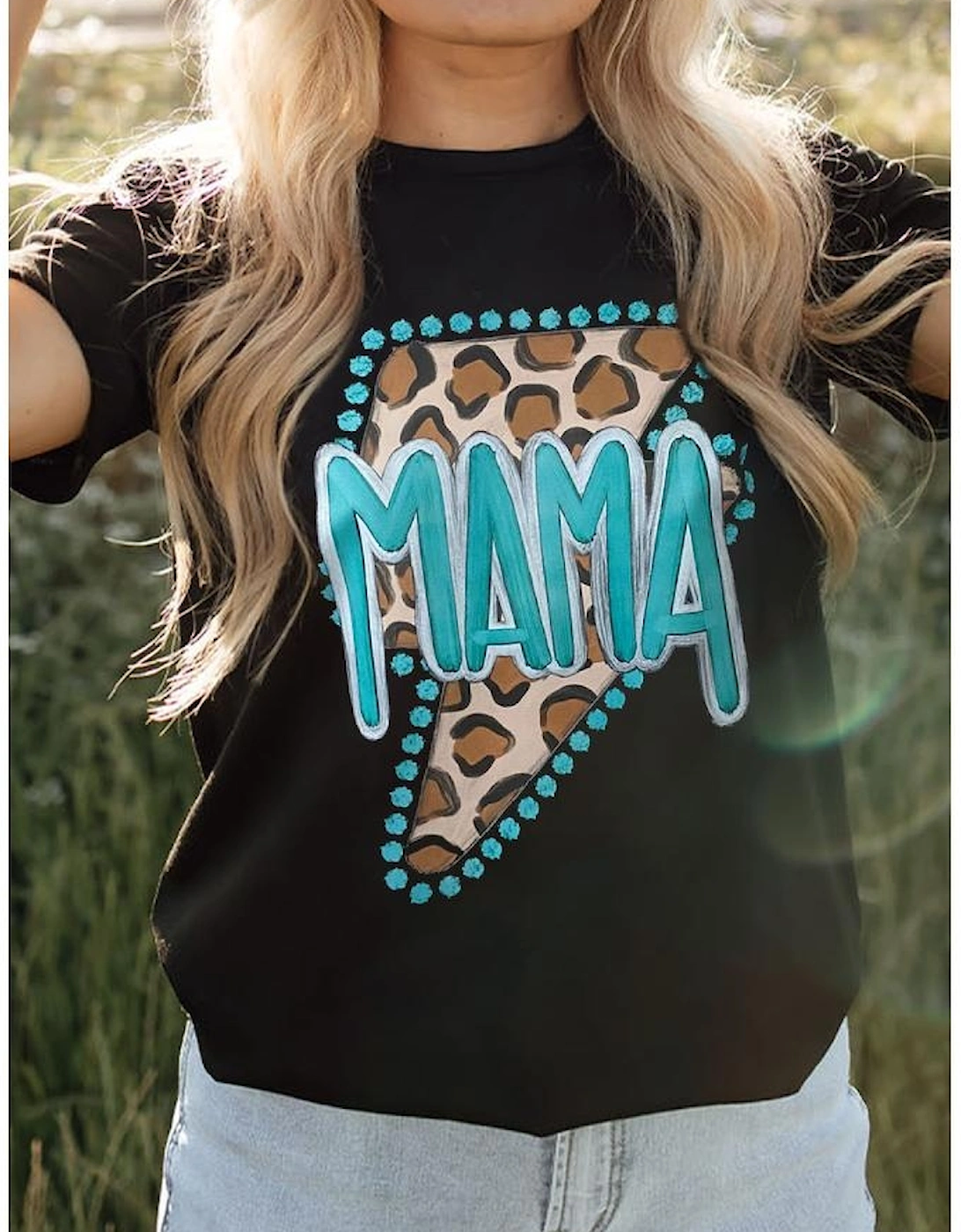 Black Western MAMA Leopard Lightning Graphic Tee