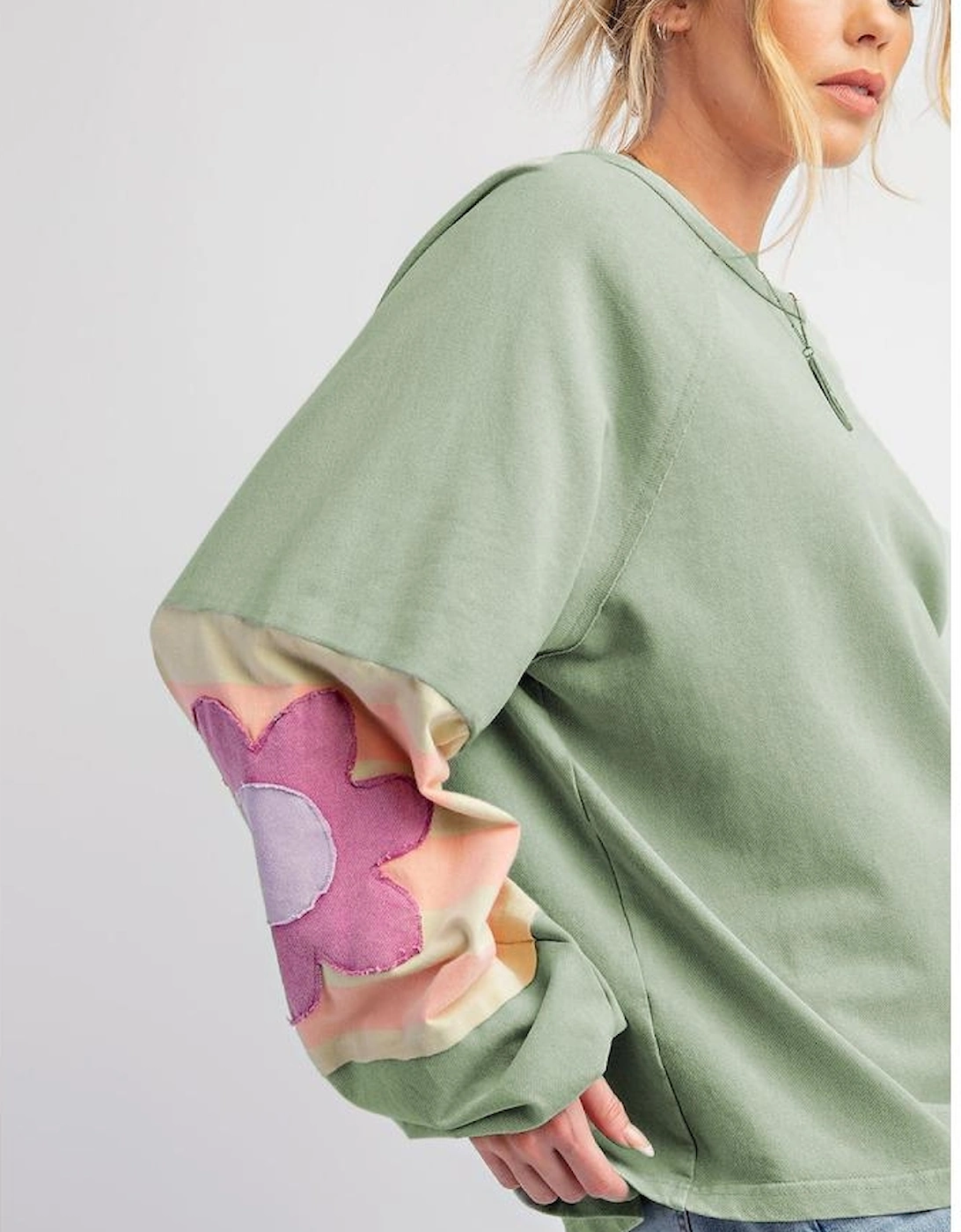 Smoke Green Flower Patchwork Raglan Sleeve Exposed Seam Oversized Top, 8 of 7