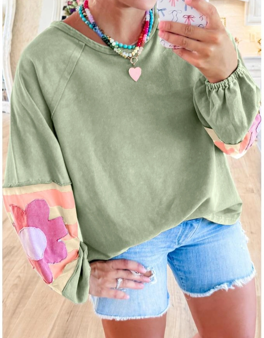 Smoke Green Flower Patchwork Raglan Sleeve Exposed Seam Oversized Top
