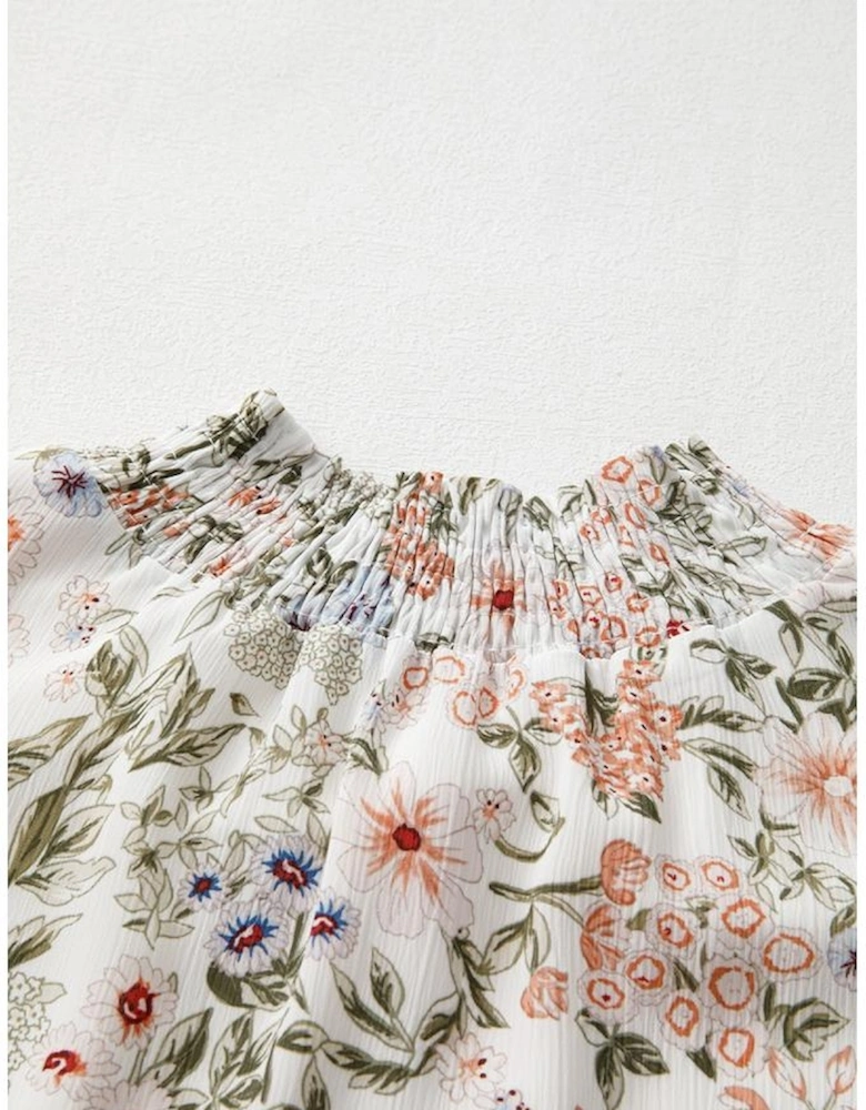 Green Floral Print Tiered Frilled Shirred Mock Neck Mini Dress