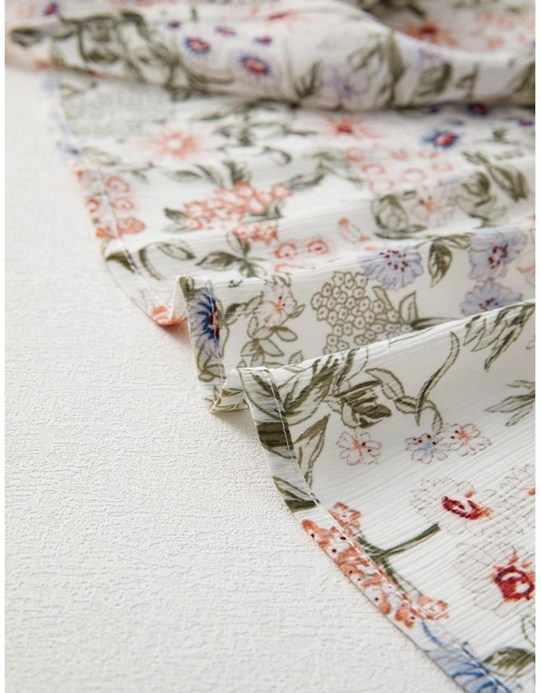 Green Floral Print Tiered Frilled Shirred Mock Neck Mini Dress