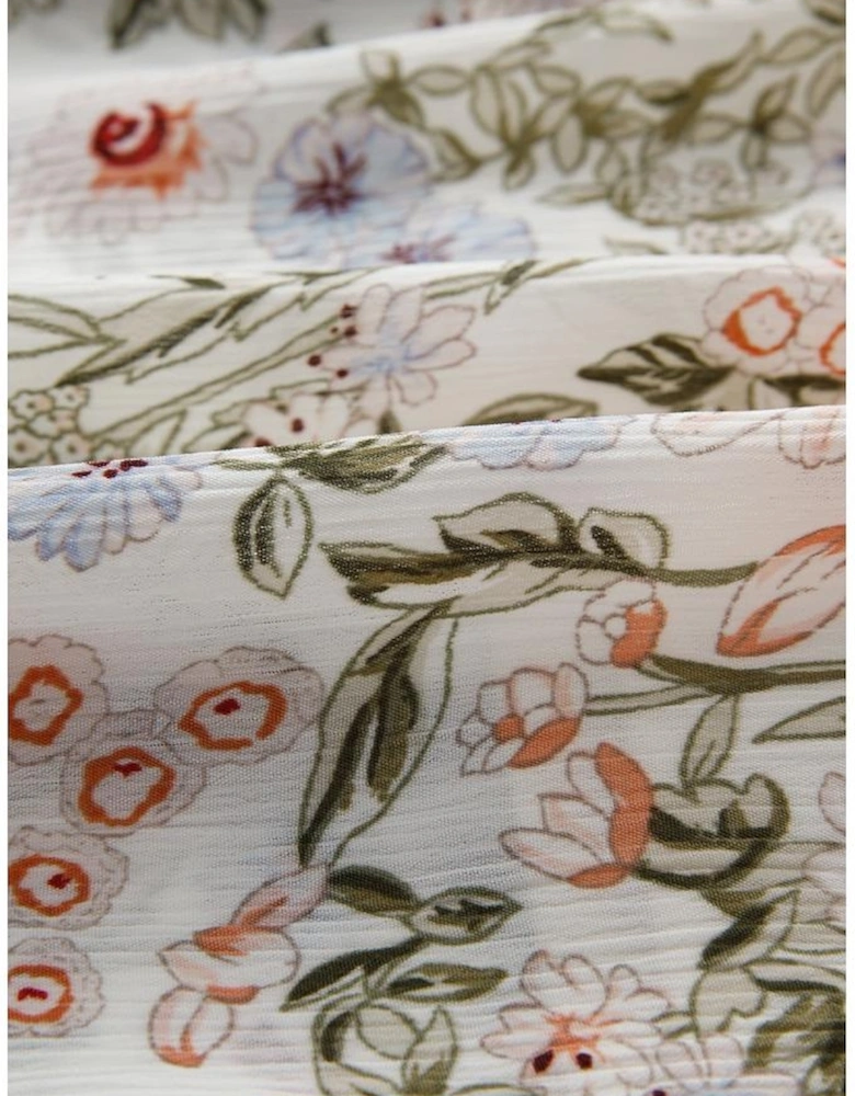 Green Floral Print Tiered Frilled Shirred Mock Neck Mini Dress