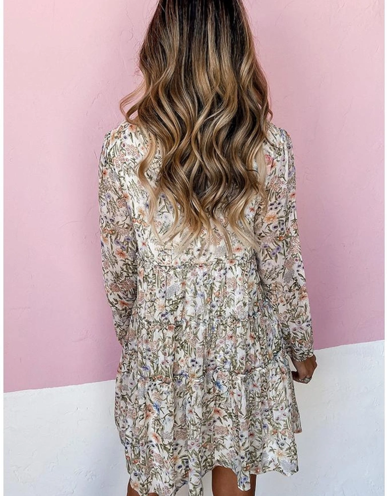 Green Floral Print Tiered Frilled Shirred Mock Neck Mini Dress