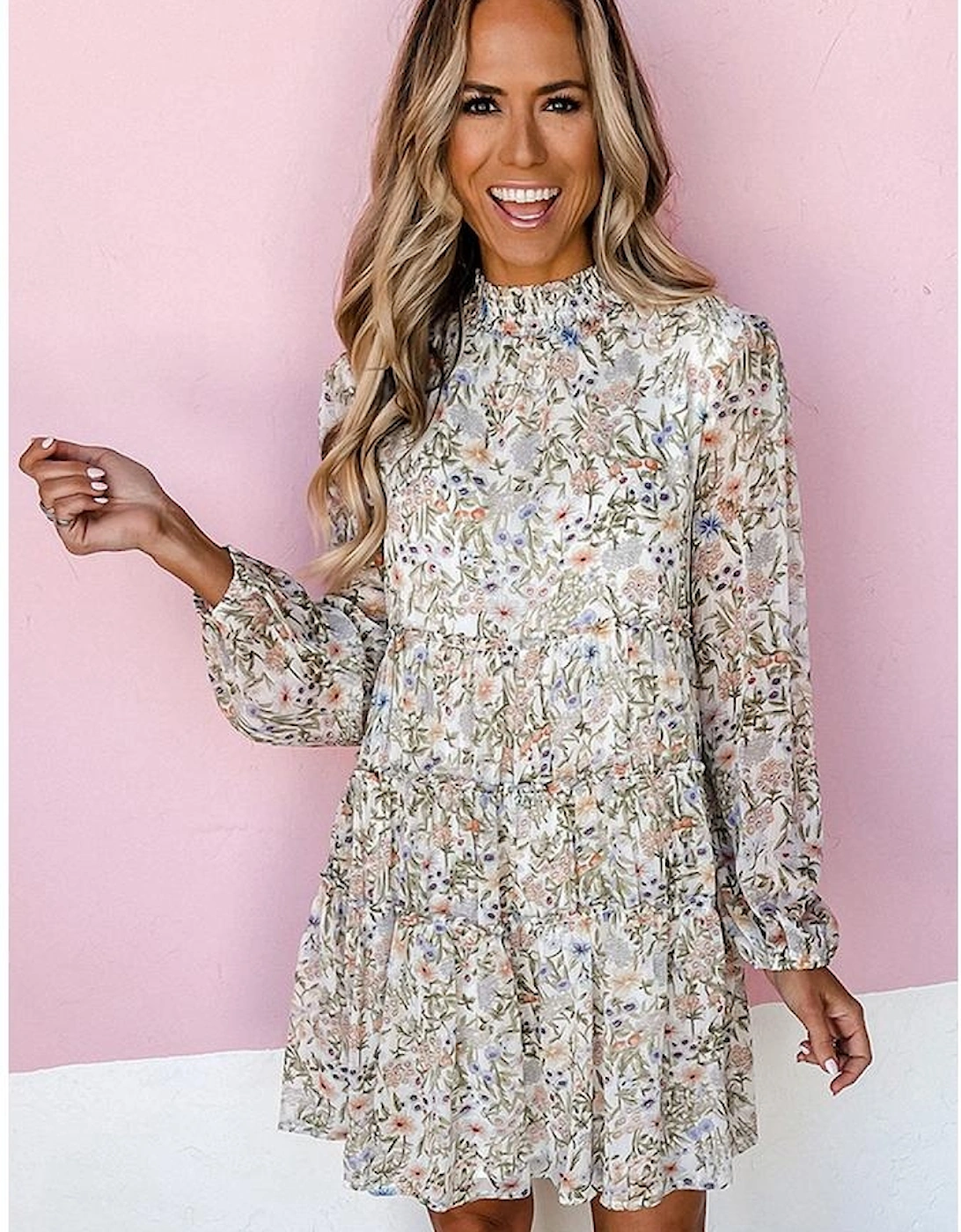 Green Floral Print Tiered Frilled Shirred Mock Neck Mini Dress, 15 of 14