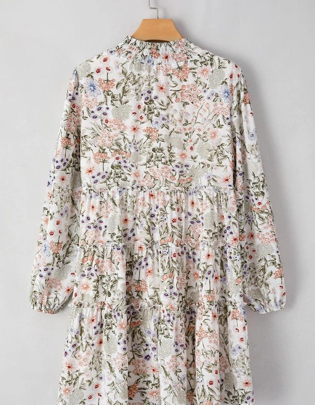 Green Floral Print Tiered Frilled Shirred Mock Neck Mini Dress