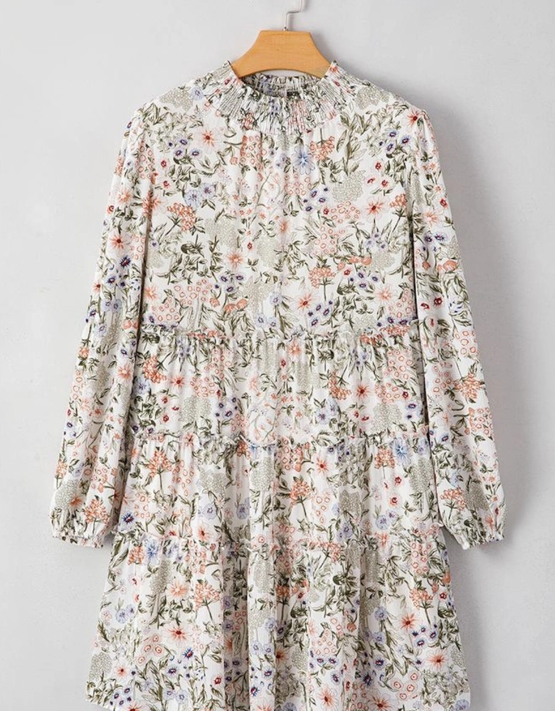 Green Floral Print Tiered Frilled Shirred Mock Neck Mini Dress