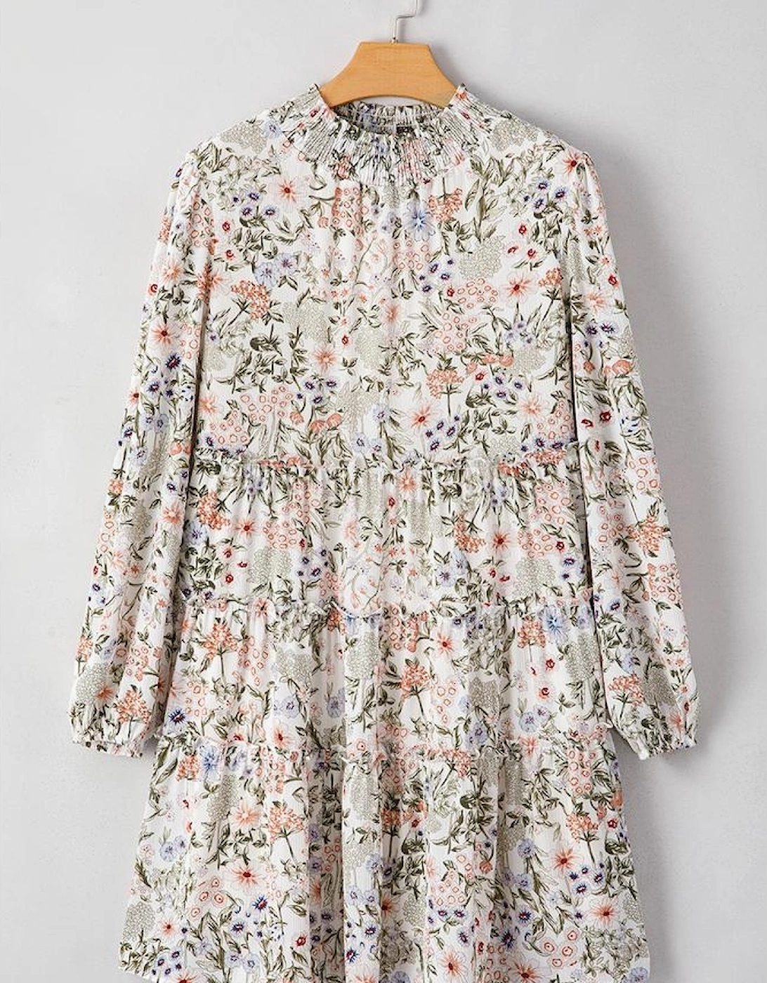 Green Floral Print Tiered Frilled Shirred Mock Neck Mini Dress