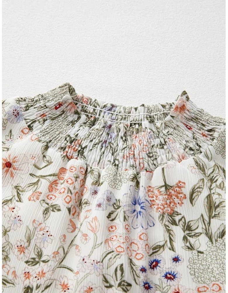 Green Floral Print Tiered Frilled Shirred Mock Neck Mini Dress