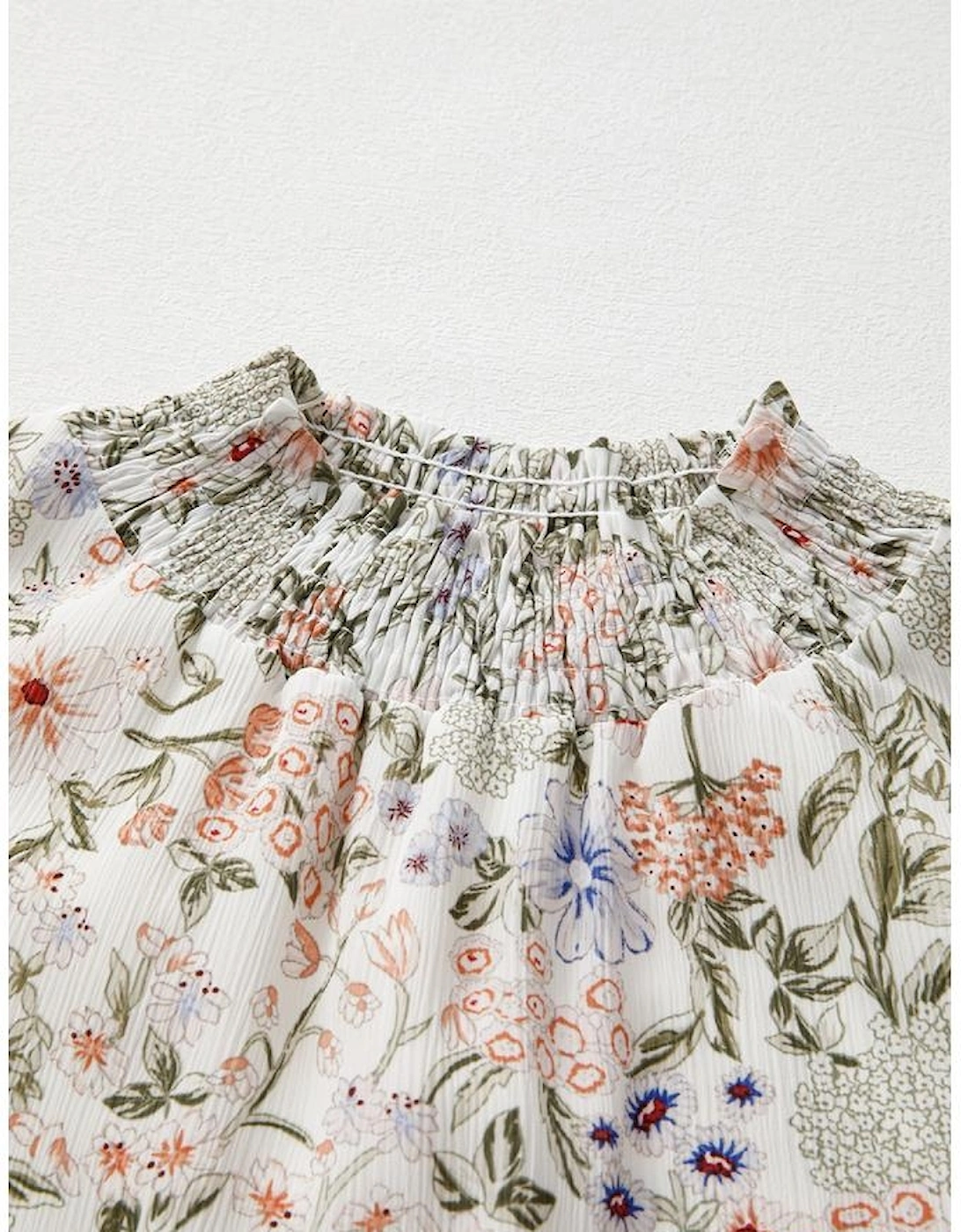 Green Floral Print Tiered Frilled Shirred Mock Neck Mini Dress