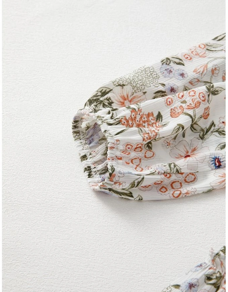 Green Floral Print Tiered Frilled Shirred Mock Neck Mini Dress