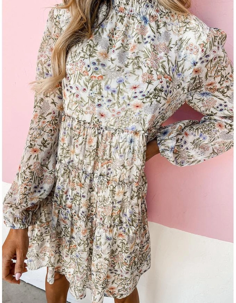 Green Floral Print Tiered Frilled Shirred Mock Neck Mini Dress