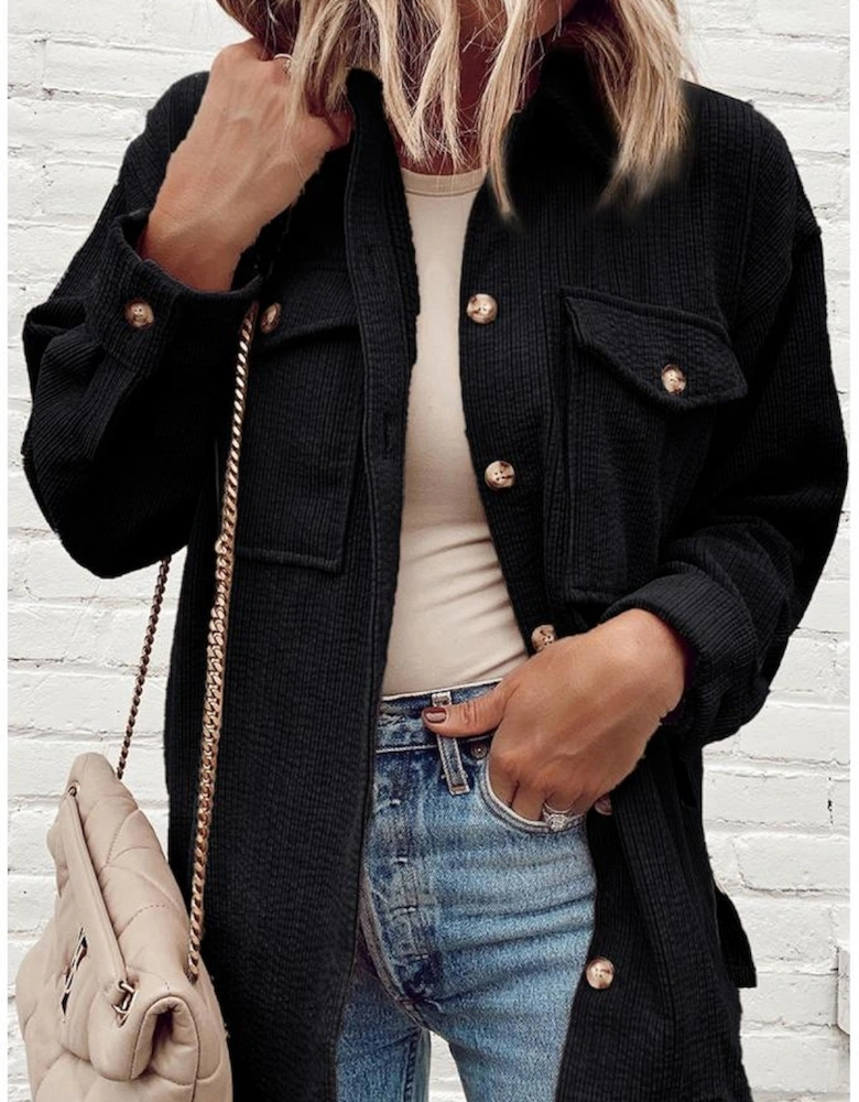 Black Corduroy Flap Pocket Button Up Shacket