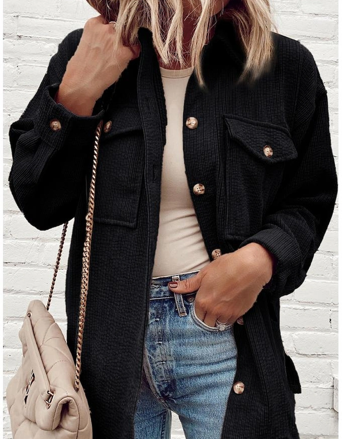 Black Corduroy Flap Pocket Button Up Shacket, 15 of 14