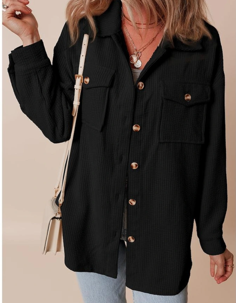 Black Corduroy Flap Pocket Button Up Shacket