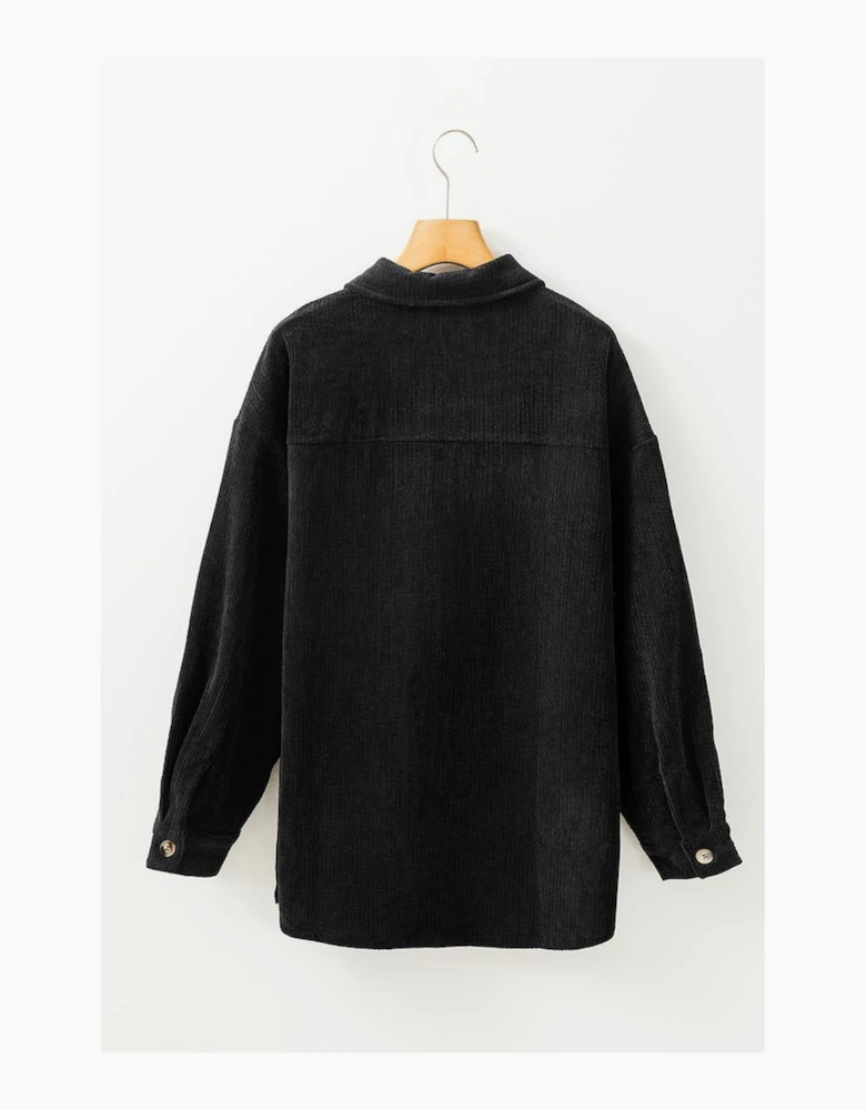 Black Corduroy Flap Pocket Button Up Shacket