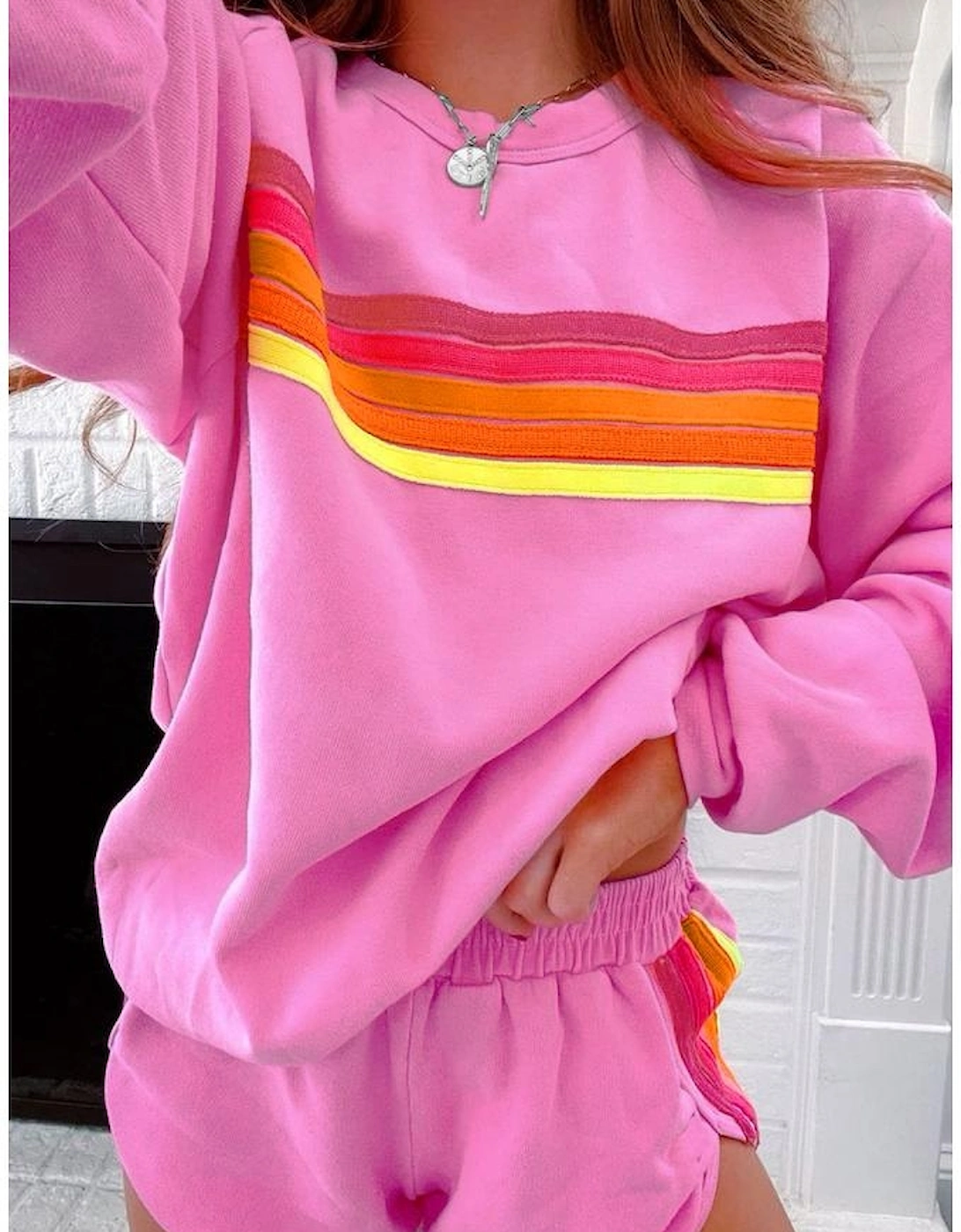 Bonbon Striped Accent Pullover and Shorts Two Piece Casual Set