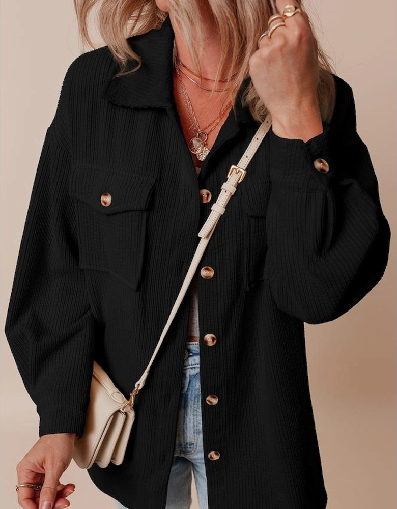 Black Corduroy Flap Pocket Button Up Shacket