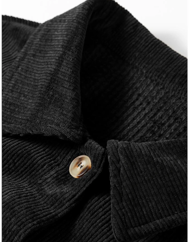 Black Corduroy Flap Pocket Button Up Shacket