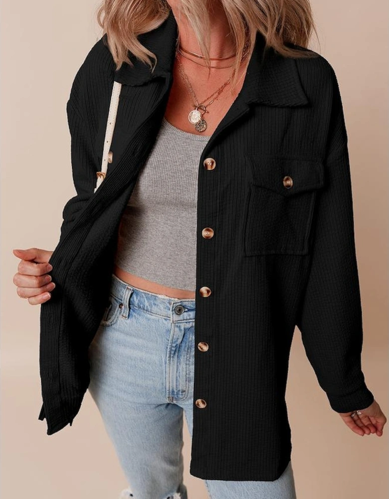 Black Corduroy Flap Pocket Button Up Shacket