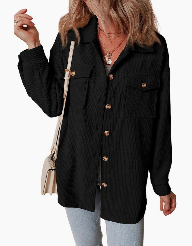 Black Corduroy Flap Pocket Button Up Shacket