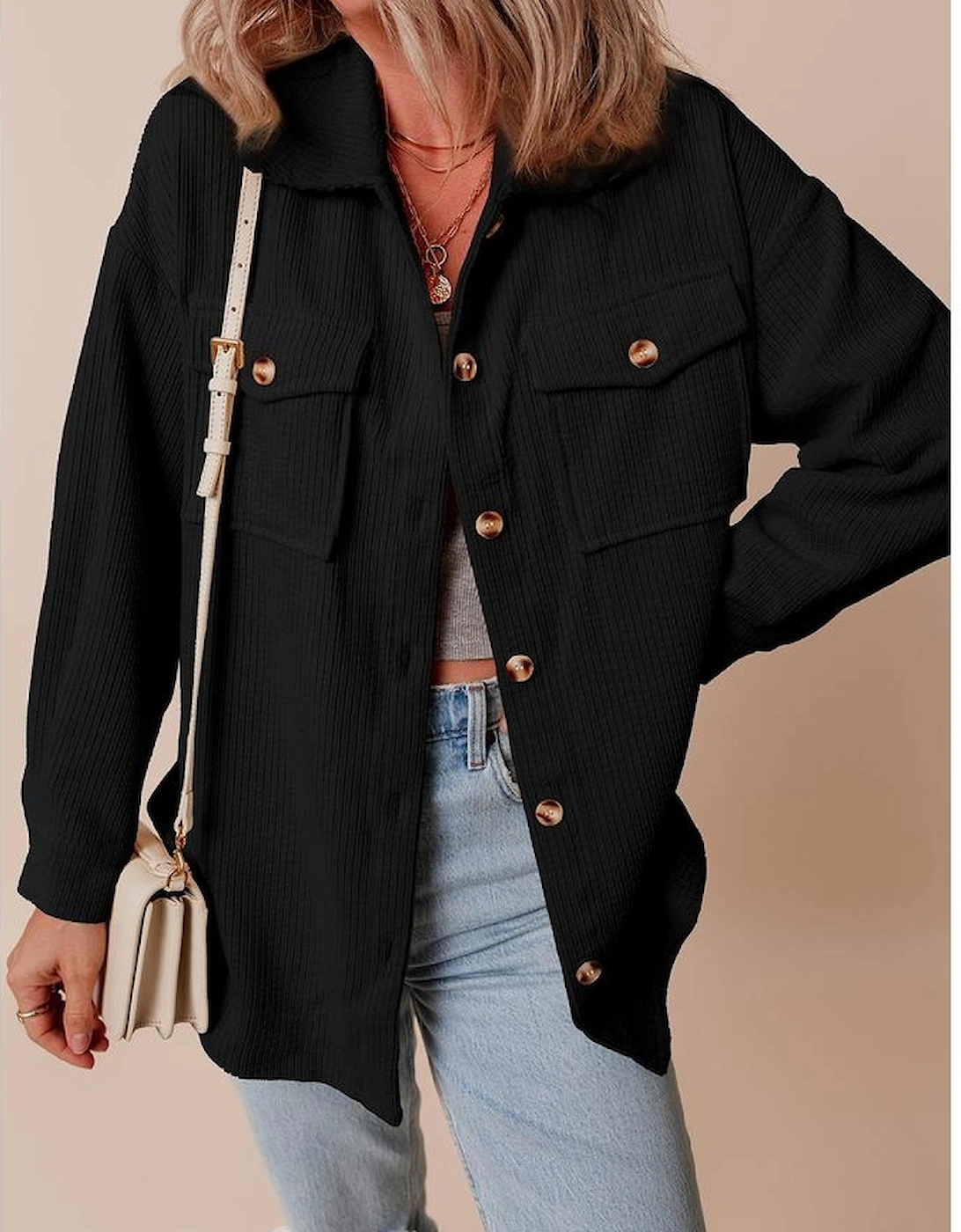 Black Corduroy Flap Pocket Button Up Shacket