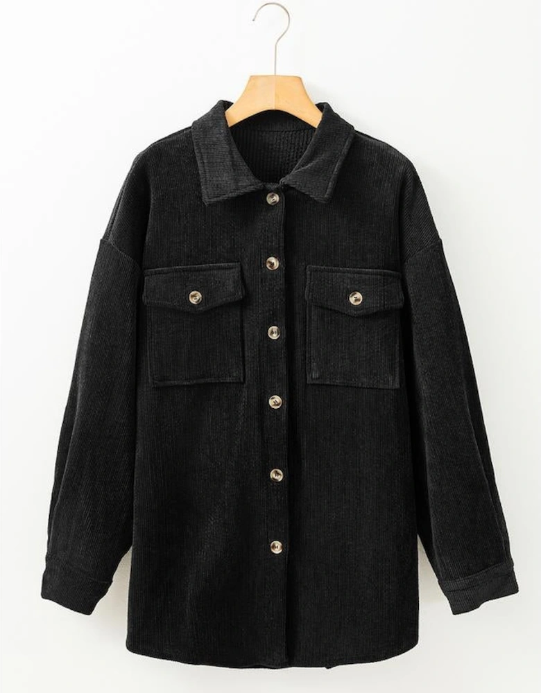 Black Corduroy Flap Pocket Button Up Shacket